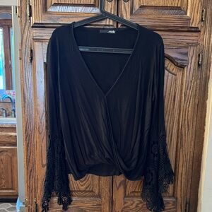GUC! Arielle bell sleeve top, black, lace sleeves, faux wrap around, size M